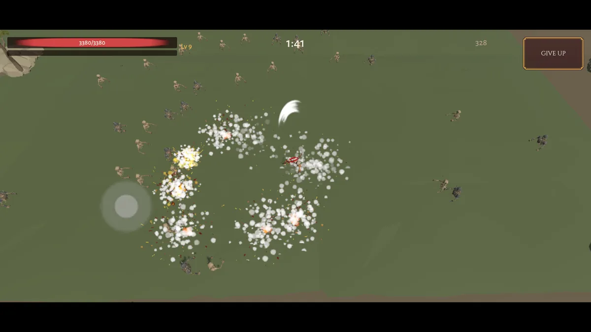 A champion cutting through a dense crowd of enemies on open ground.