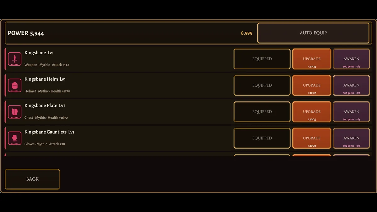 The gear screen, showing six equipment slots and item rarities.