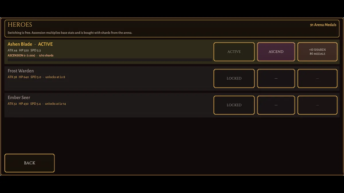 The hero selection screen showing several playable champions.