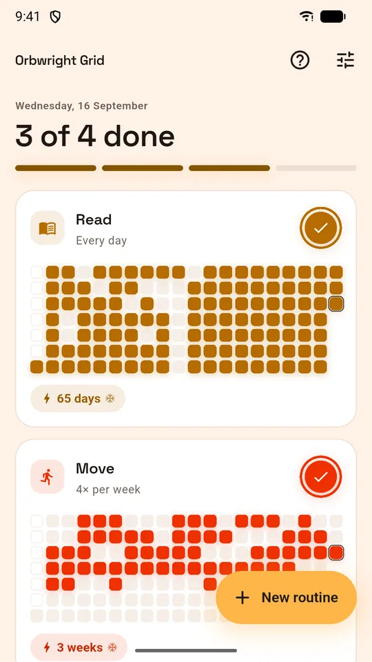 The home screen: several routines, each drawn as a grid of days, with filled and empty squares.